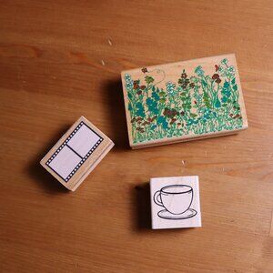 Lot of 3 rubber stamps for crafting, lightly used, flowers, coffee cup, and film